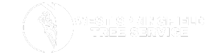 Logo for West Springfield MA Tree Service featuring a vector image of a man cutting down a tree with the company name to the right.